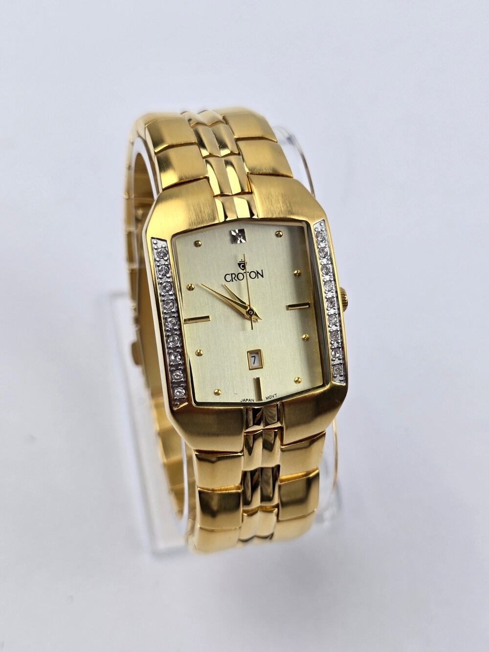 Croton Gold Tone Men's Quartz Tank shaped watch crystal bezel 28mm fresh batt.